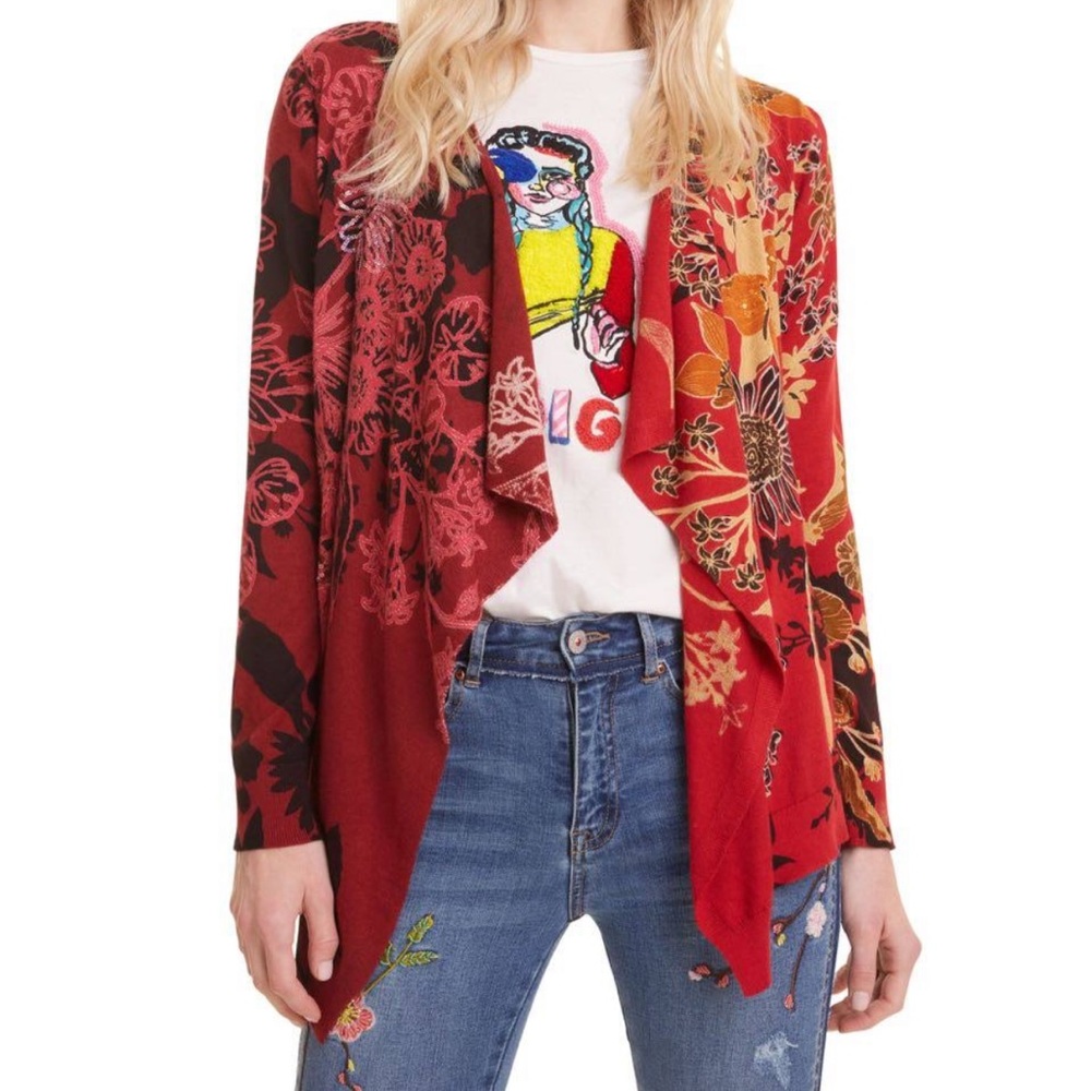 Women's Red Floral Draped Open-Front Sweater Cardigan